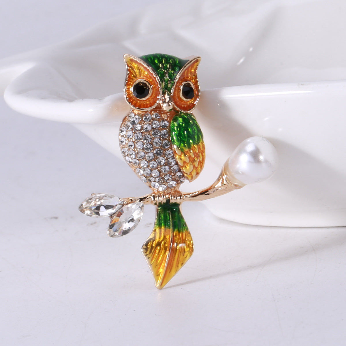 Green Crystal and Cubic Zirconia Owl Brooch, brooch pin, botanical inspired, front view