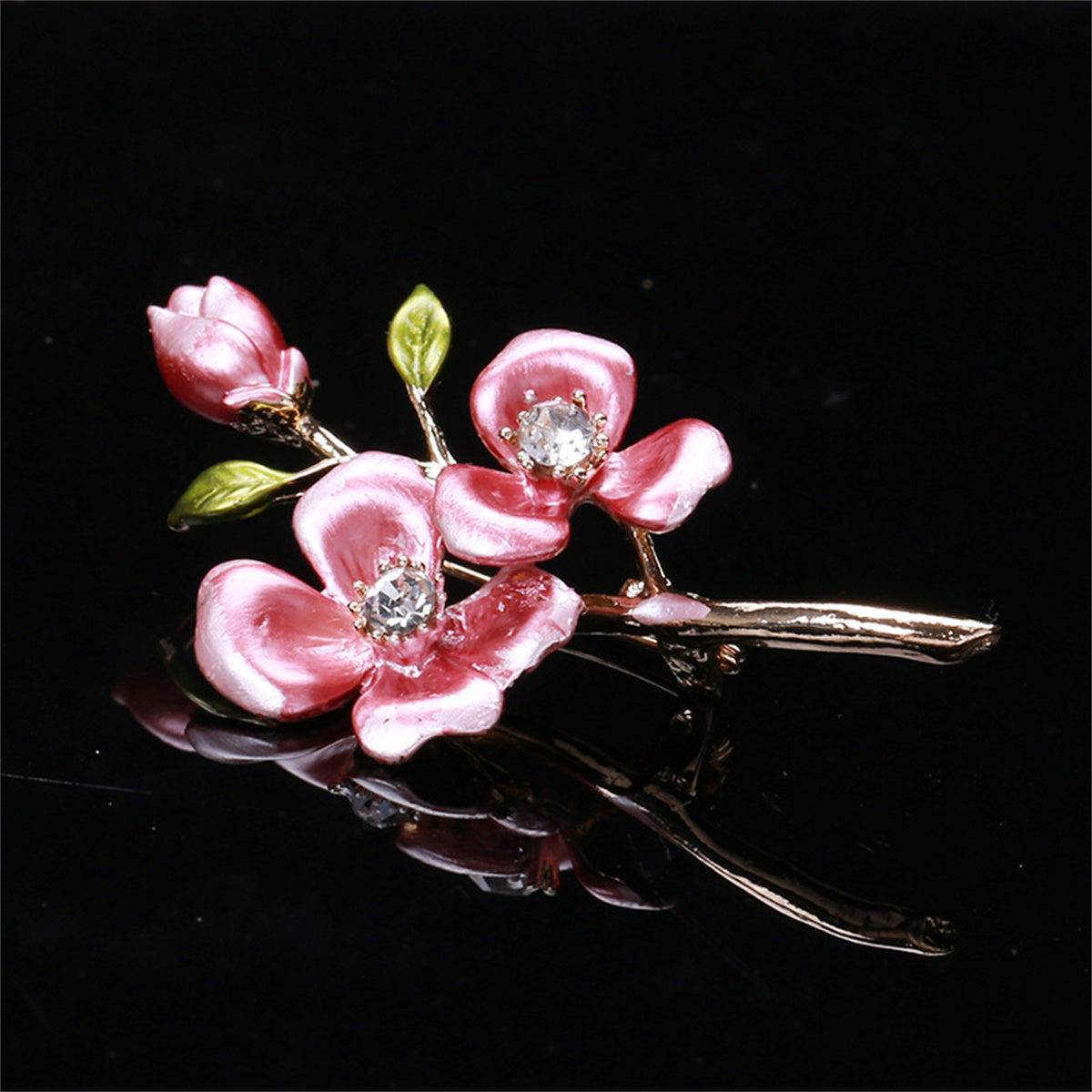 Pink Enamel and Cubic Zirconia Wintersweet Brooch, brooch pin, dainty minimalist design, side view