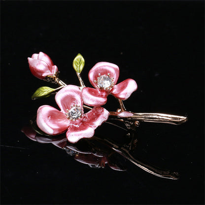 Pink Enamel and Cubic Zirconia Wintersweet Brooch, brooch pin, dainty minimalist design, side view