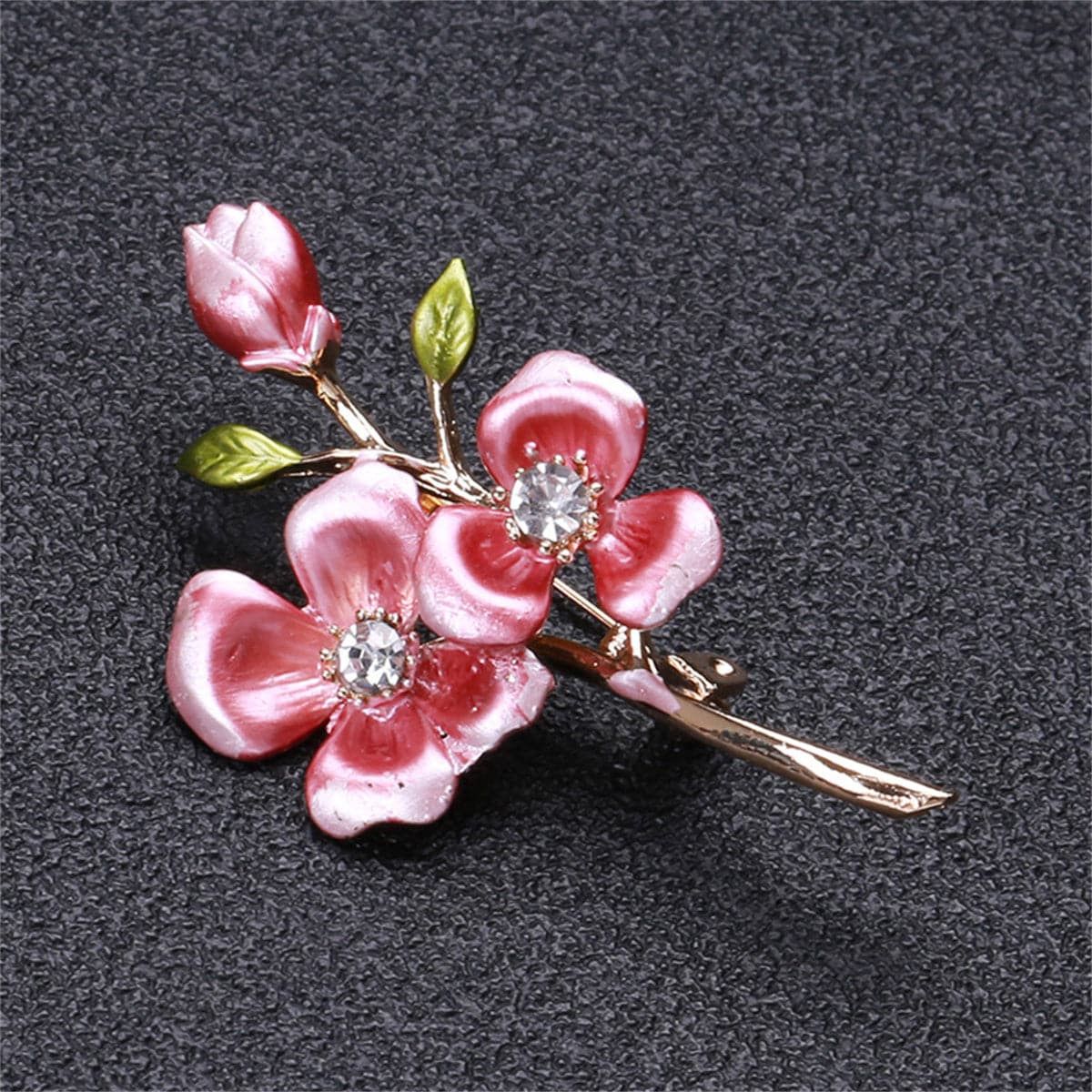 Pink Enamel and Cubic Zirconia Wintersweet Brooch, brooch pin, dainty minimalist design, front view