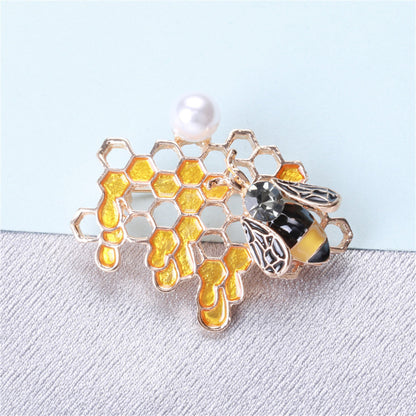 Pearl and Cubic Zirconia Enamel Openwork Honeycomb Bee Brooch, brooch pin, everyday style, front view