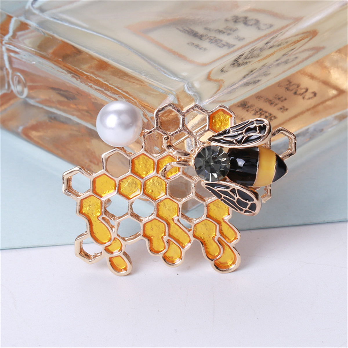 Pearl and Cubic Zirconia Enamel Openwork Honeycomb Bee Brooch, brooch pin, everyday style, lifestyle look
