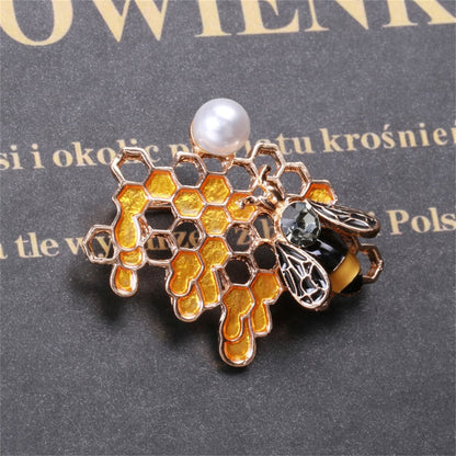 Pearl and Cubic Zirconia Enamel Openwork Honeycomb Bee Brooch, brooch pin, everyday style, side view