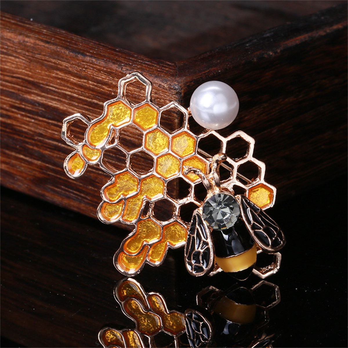 Pearl & Cubic Zirconia Enamel Openwork Honeycomb Bee Brooch