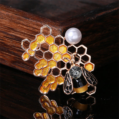 Pearl and Cubic Zirconia Enamel Openwork Honeycomb Bee Brooch, brooch pin, everyday style, styled look