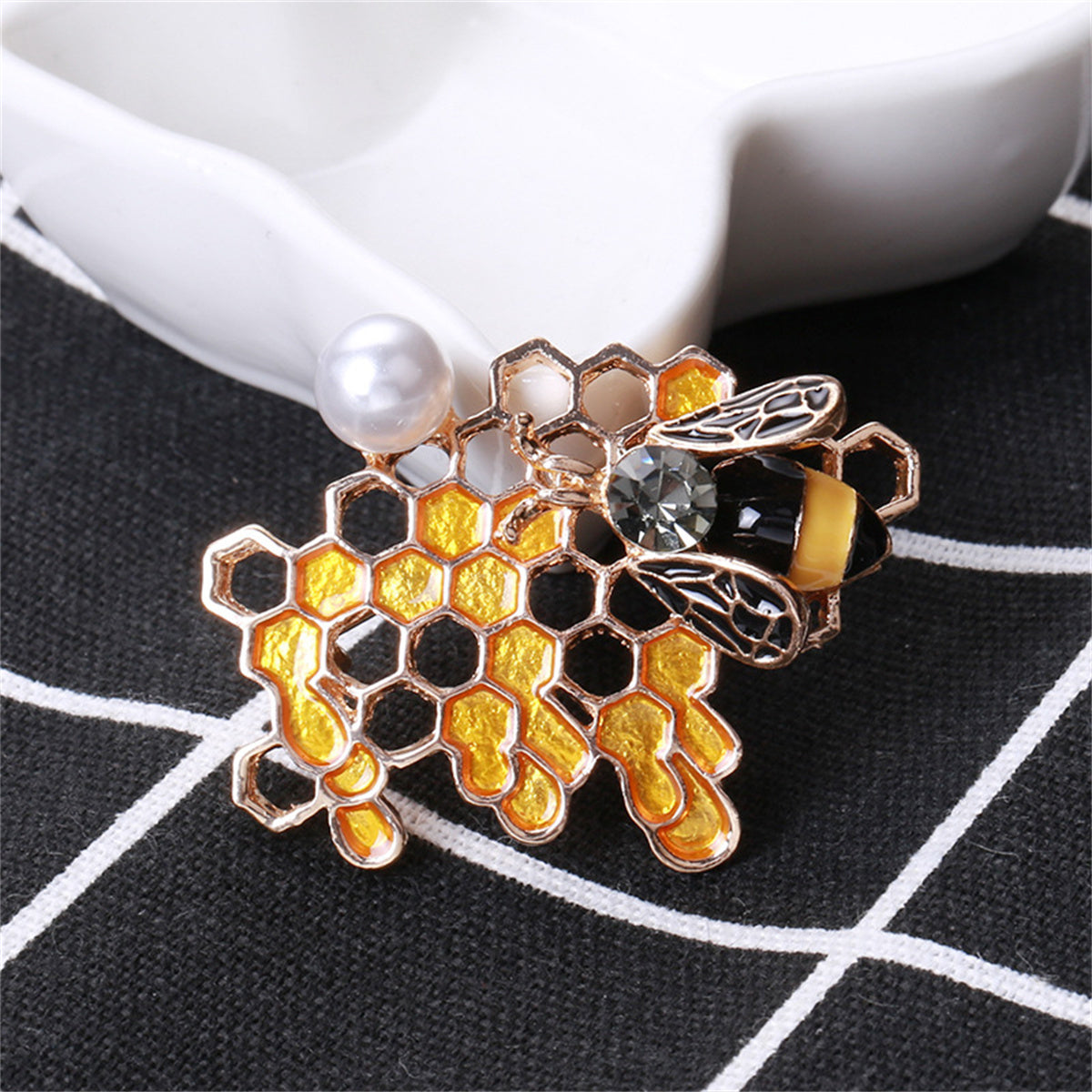 Pearl and Cubic Zirconia Enamel Openwork Honeycomb Bee Brooch, brooch pin, everyday style, detail close-up