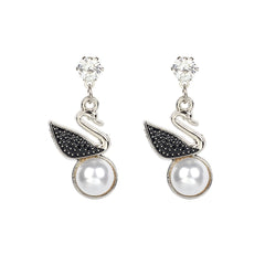Cubic Zirconia & Pearl Silver-Plated Swan Drop Earring