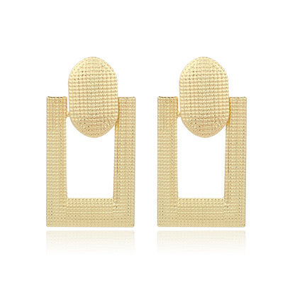 18K Gold-Plated Studded Open Rectangle Drop Earrings, gold drop earrings for women, everyday style, front view
