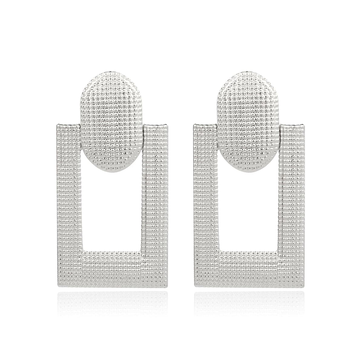 Silver-Plated Studded Open Rectangle Drop Earrings