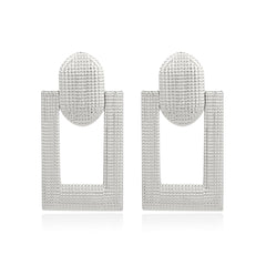 Silver-Plated Studded Open Rectangle Drop Earrings