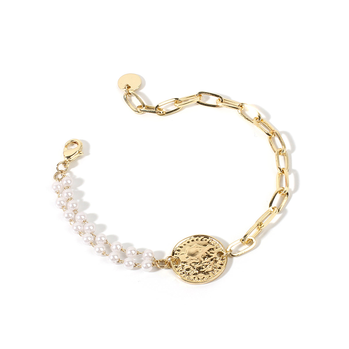 Pearl and 18K Gold-Plated Coin Adjustable Bracelet, gold bracelet for women, dainty minimalist design, side view