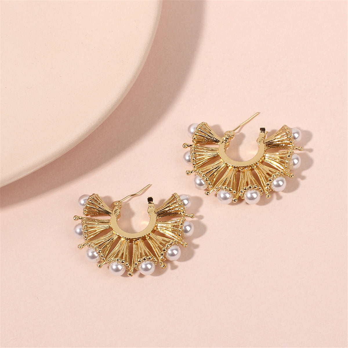 Pearl and 18K Gold-Plated Fan Hoop Earrings, gold stud earrings for women, vintage-inspired design, lifestyle look
