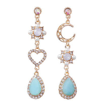 Aqua Moonstone and Pearl 18K Gold-Plated Asymmetrical Moon Heart Drop Earrings, gold drop earrings for women, side view