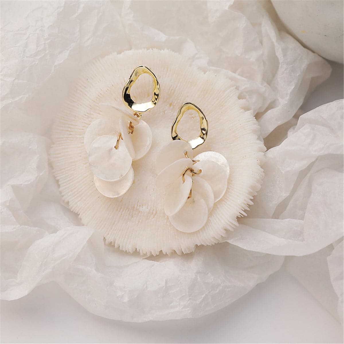 Shell and 18K Gold-Plated Tiered Drop Earrings, gold drop earrings for women, everyday style, side view