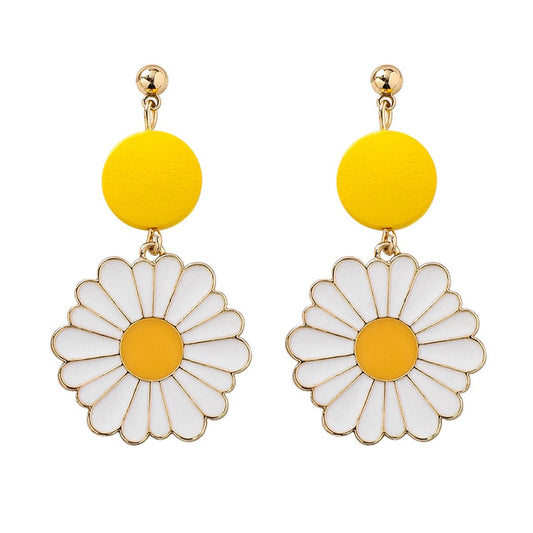 White and Yellow Mum Drop Earrings, drop earrings for women, everyday style, front view
