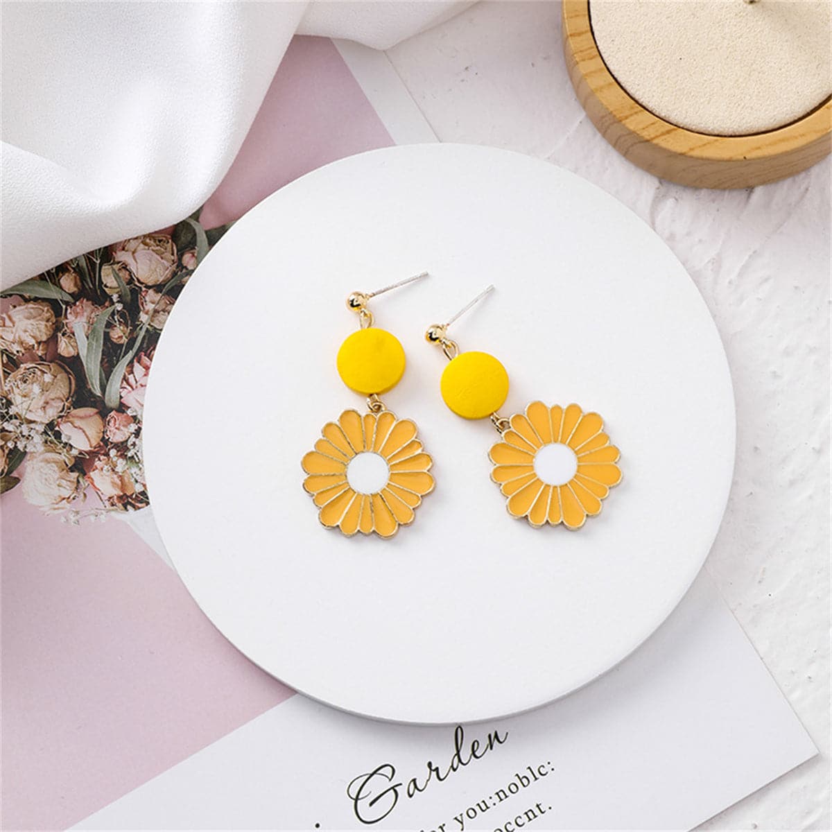 Yellow Enamel and 18K Gold-Plated Mum Drop Earrings, gold drop earrings for women, elegant gift for her, front view