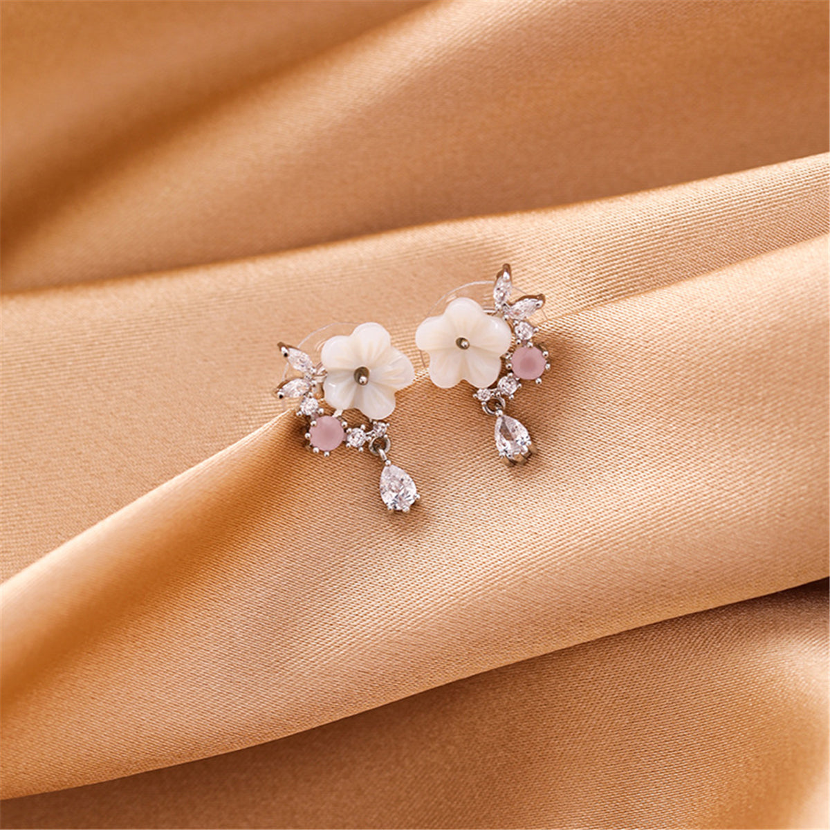 Cubic Zirconia and Pink Cat's Eye Flower Drop Earrings, drop earrings for women, everyday style, side view