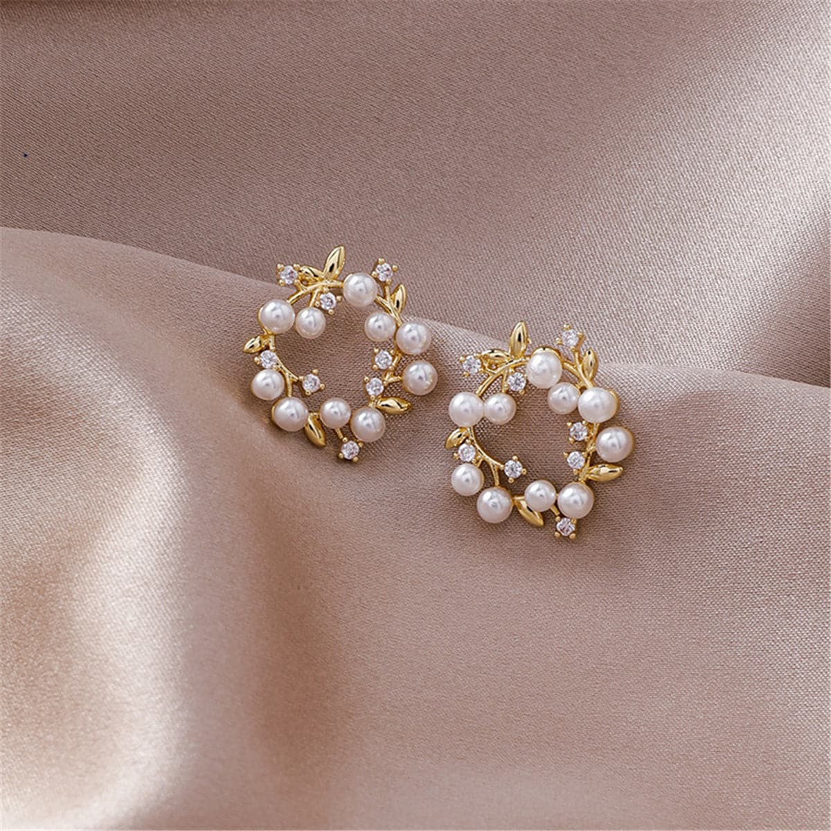 Pearl and Cubic Zirconia Botanical Wreath Stud Earrings, stud earrings for women, dainty minimalist design, front view