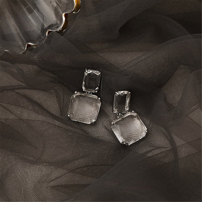 Clear Crystal Silver-Plated Square Drop Earrings, silver drop earrings for women, vintage-inspired design, front view
