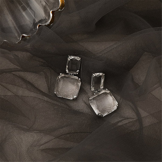 Clear Crystal Silver-Plated Square Drop Earrings, silver drop earrings for women, vintage-inspired design, front view