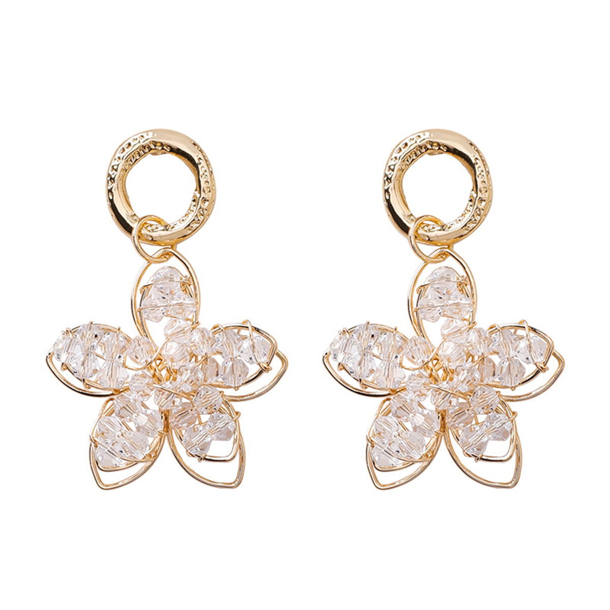 Stunning 18K gold-plated beaded floral earrings featuring crystal accents, adding a touch of glamour to your look.