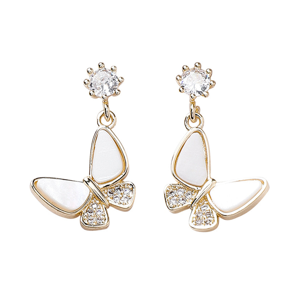 Cubic Zirconia and 18K Gold-Plated Shell-Accent Butterfly Drop Earrings, gold drop earrings for women, front view