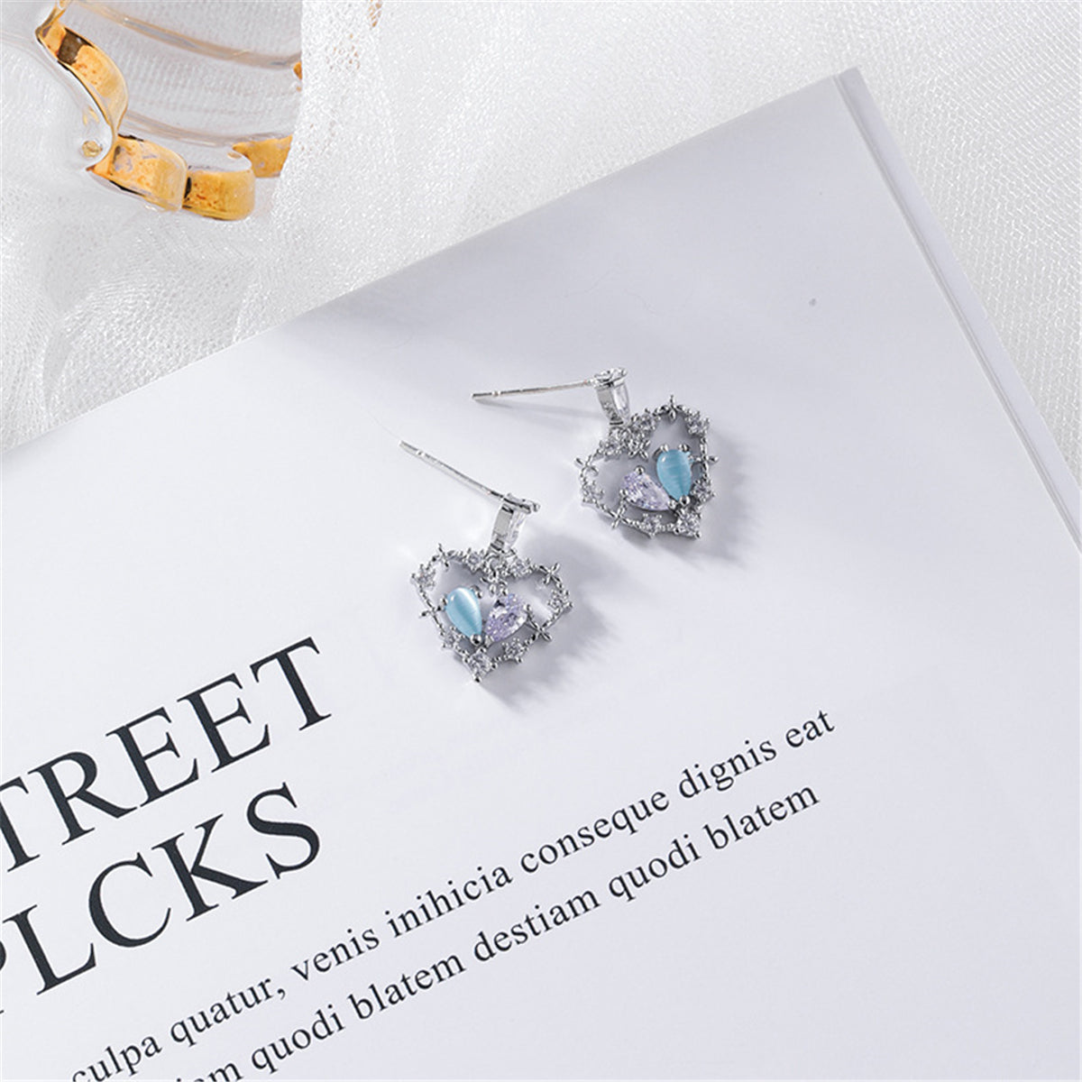 Cat's Eye and Crystal Cubic Zirconia Silver-Plated Heart Drop Earrings, silver drop earrings for women, front view