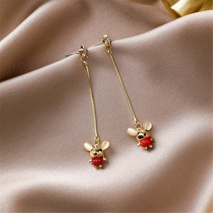 Cubic Zirconia and Cat's Eye Mouse Star Drop Earrings, drop earrings for women, dainty minimalist design, front view