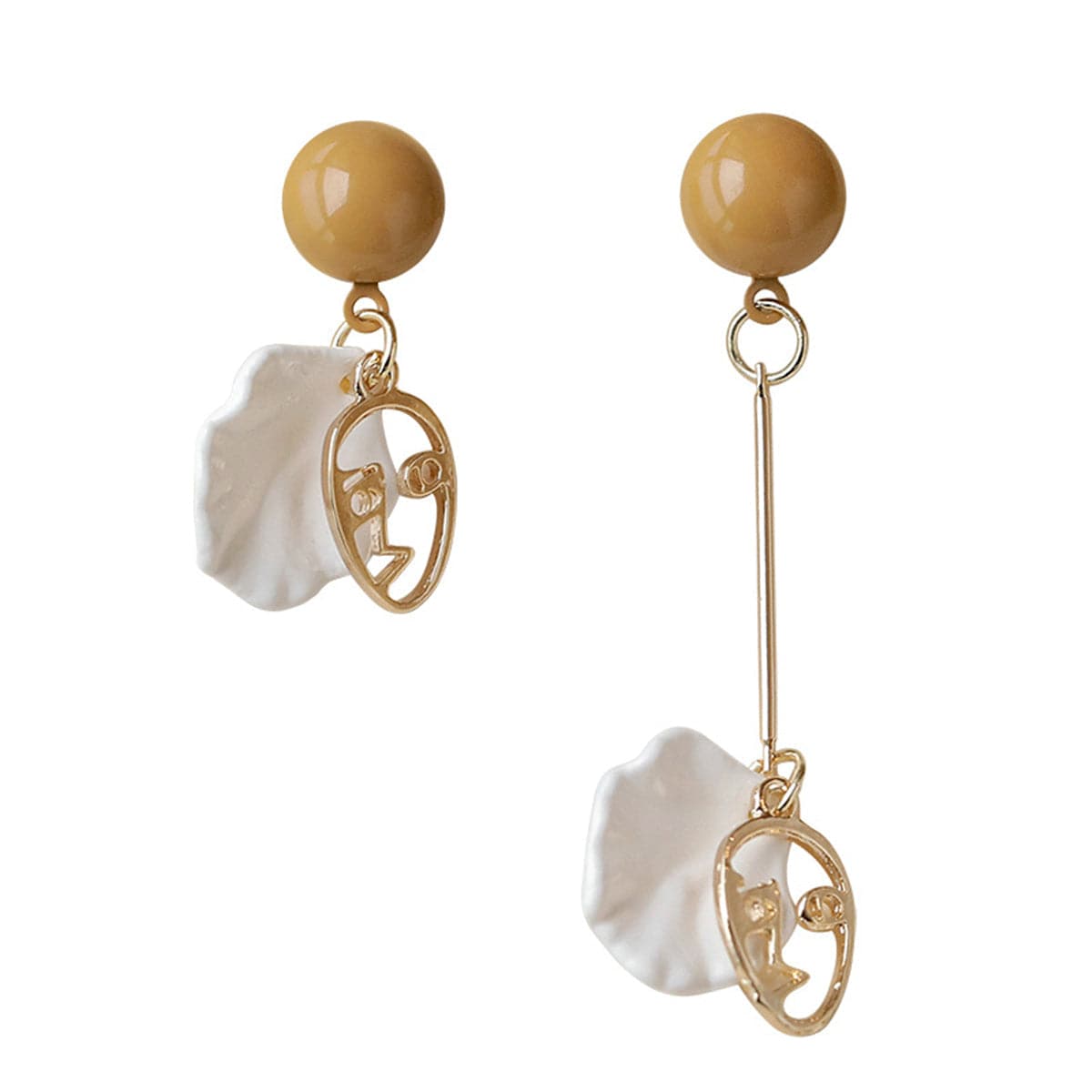 Taupe Acrylic & Shell Face Asymmetrical Drop Earrings