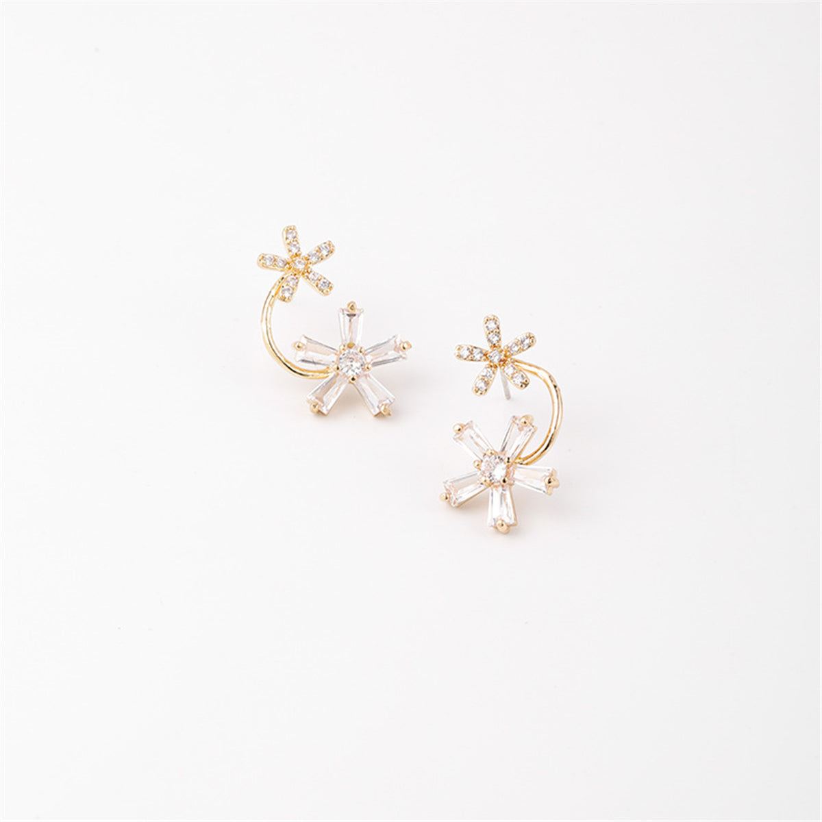 Cubic Zirconia and 18K Gold-Plated Double-Flower Stud Earrings, gold drop earrings for women, front view