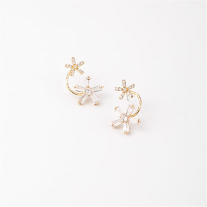 Cubic Zirconia and 18K Gold-Plated Double-Flower Stud Earrings, gold drop earrings for women, front view