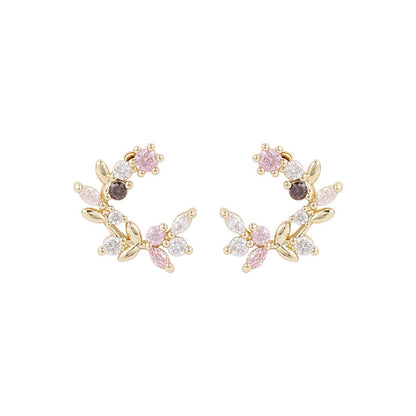 Cubic Zirconia and 18K Gold-Plated Floral Stud Earrings, gold stud earrings for women, botanical inspired, side view