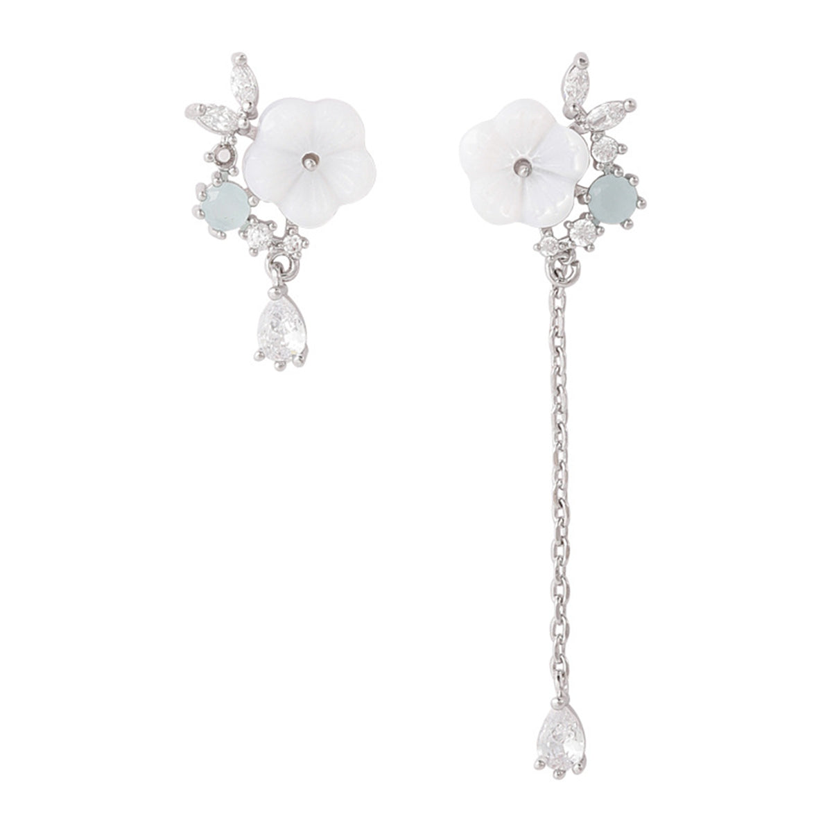 White Cat-Eye and Cubic Zirconia Floral Mismatched Drop Earrings, drop earrings for women, everyday style, side view