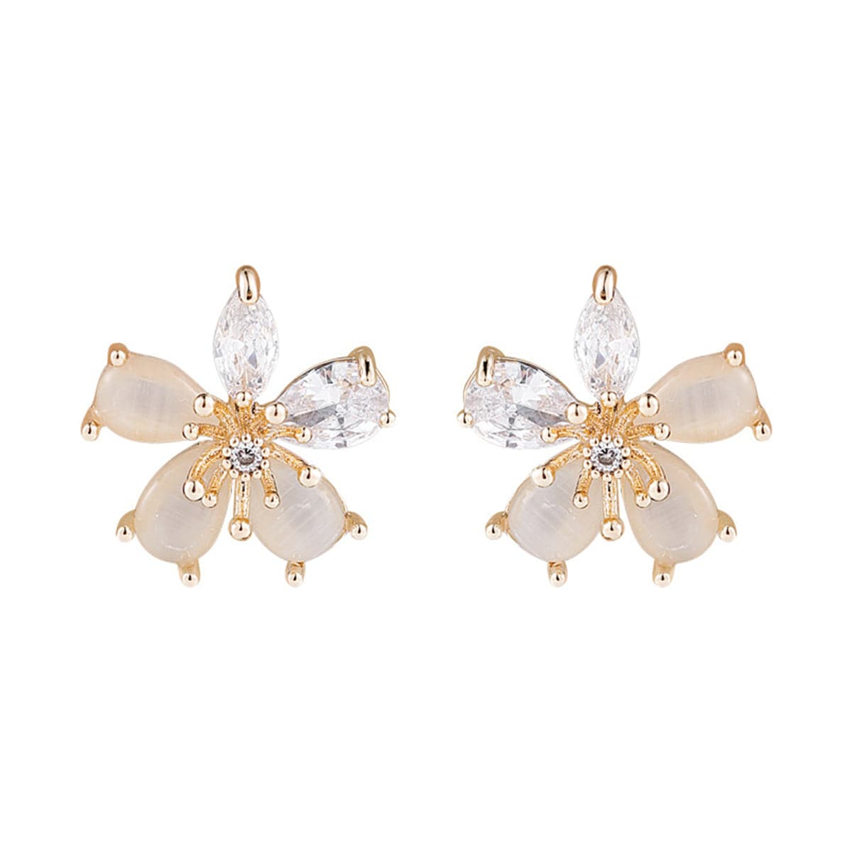 Crystal & Cats Eye Flower Stud Earrings