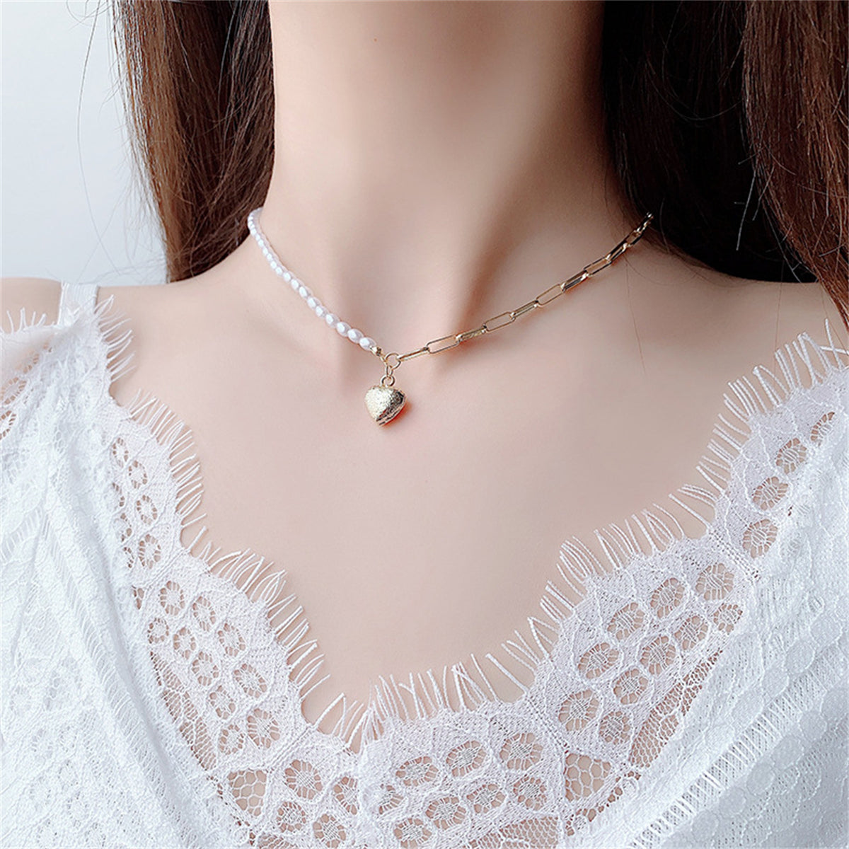 Pearl and 18K Gold-Plated Heart Pendant Necklace, gold pendant necklace for women, dainty minimalist design, front view