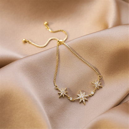 Cubic Zirconia and 18K Gold-Plated Star Charm Bracelet, gold bracelet for women, vintage-inspired design, front view