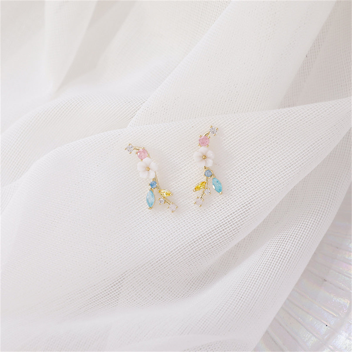 Pink Crystal & Cubic Zirconia Flower Stud Earrings