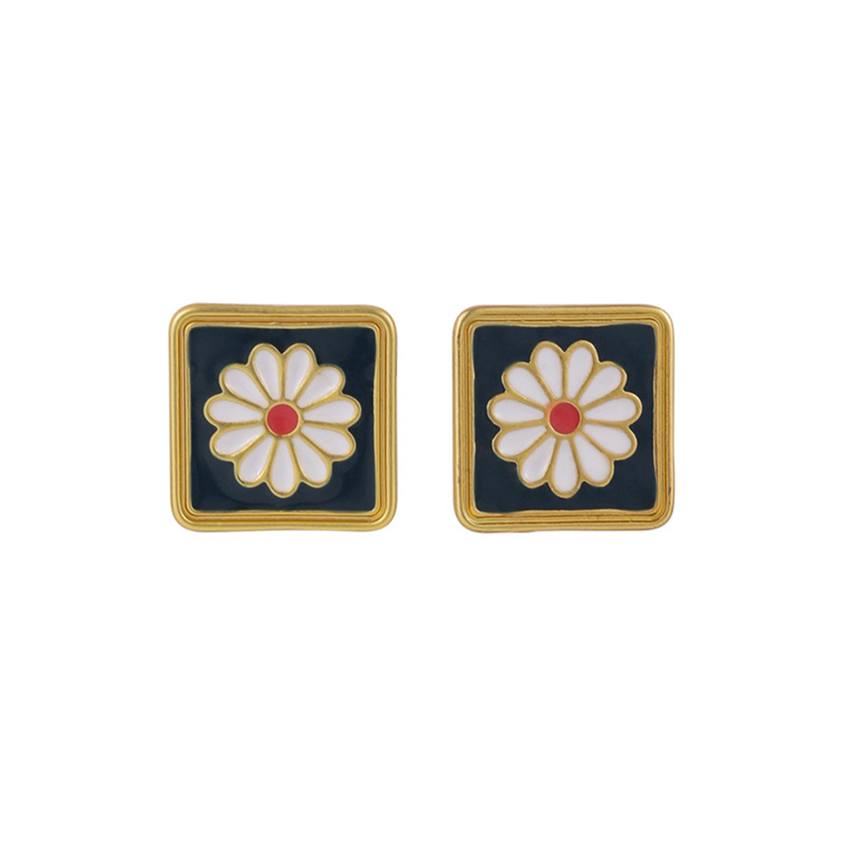 Black Enamel and 18K Gold-Plated Mum Square Stud Earrings, gold stud earrings for women, elegant gift for her, front view