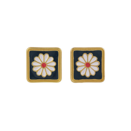 Black Enamel and 18K Gold-Plated Mum Square Stud Earrings, gold stud earrings for women, elegant gift for her, front view