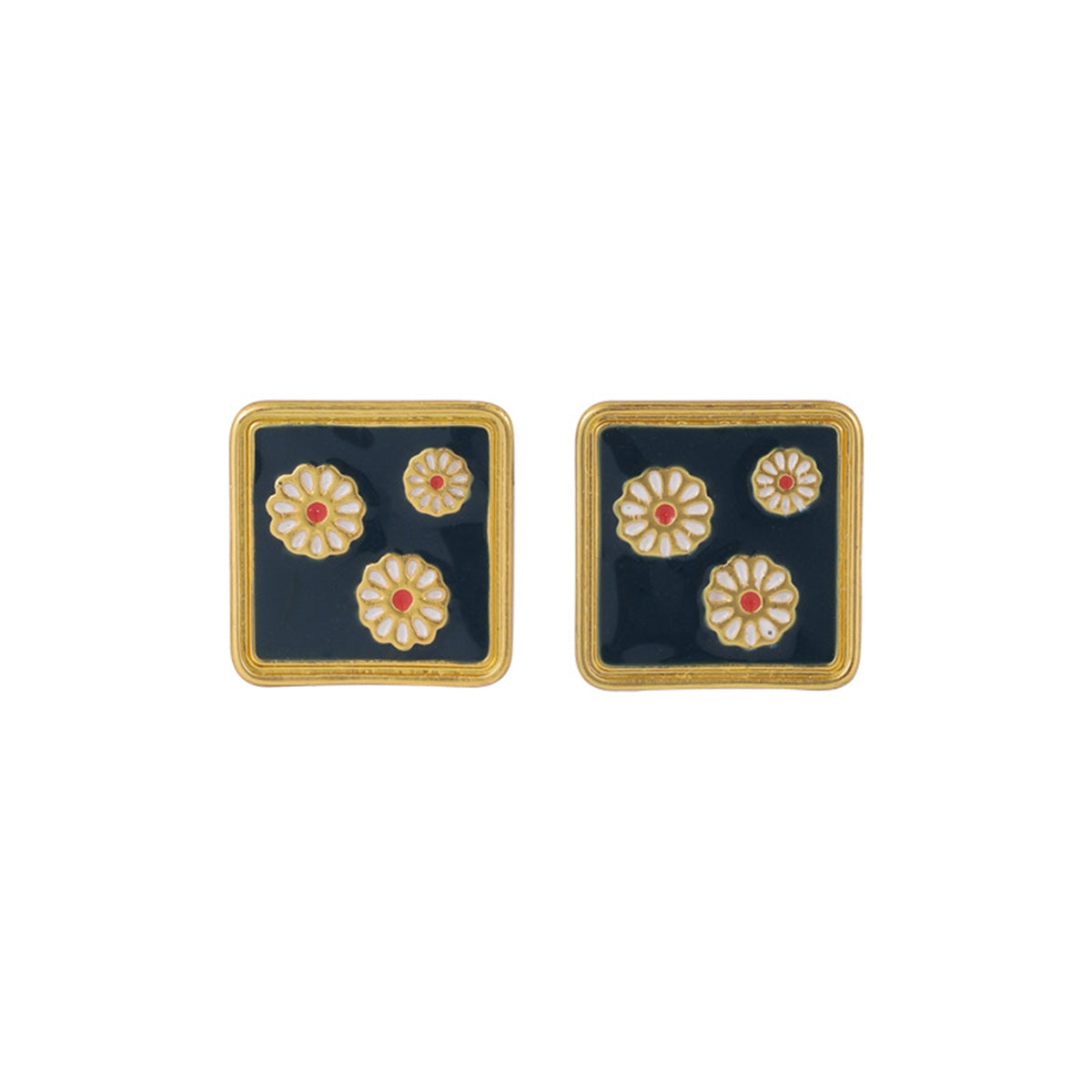 Black Enamel and 18K Gold-Plated Three Mums Square Stud Earrings, gold stud earrings for women, side view