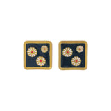 Black Enamel & 18k Gold-Plated Three Mums Square Stud Earrings