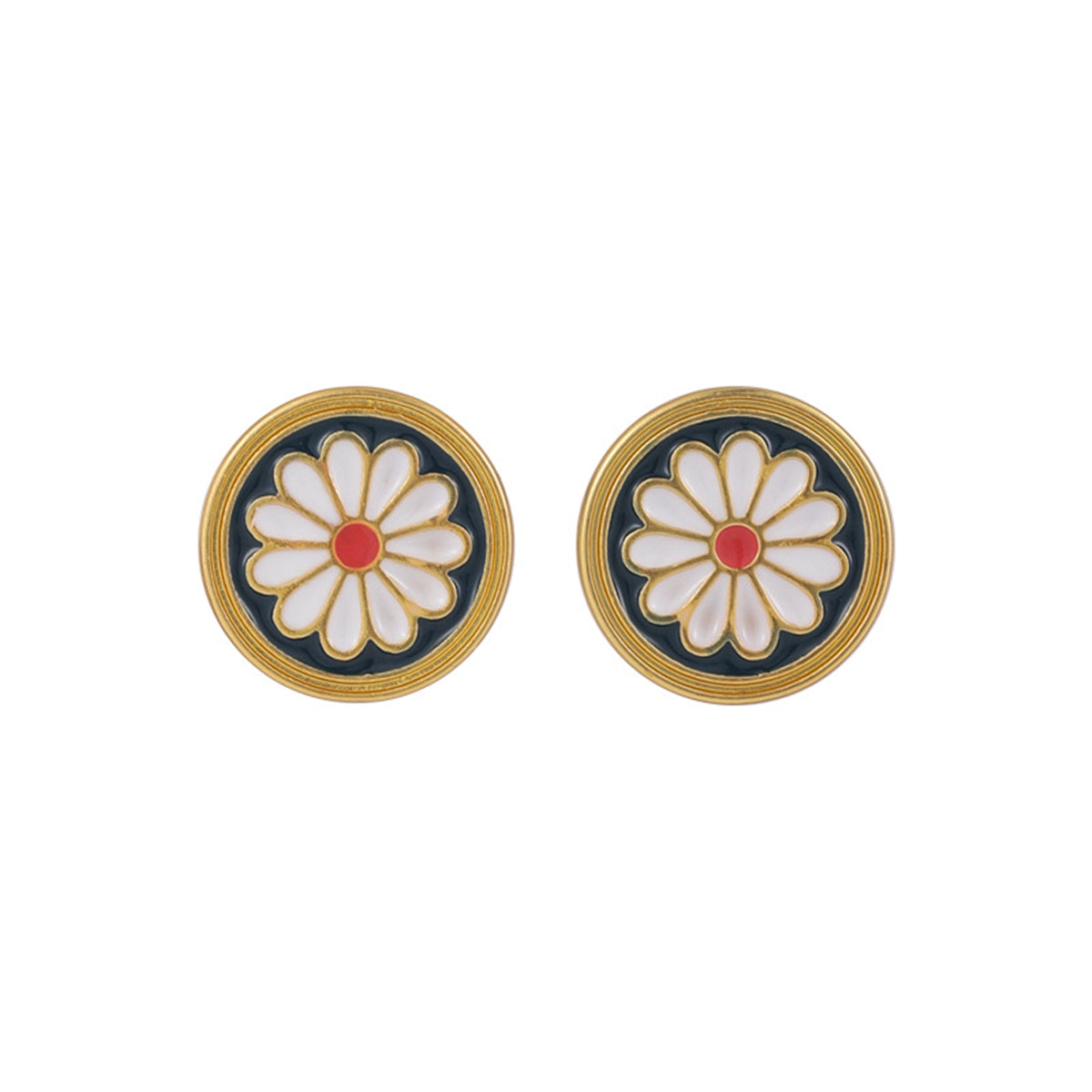 Black Enamel and 18K Gold-Plated Mum Round Stud Earrings, gold stud earrings for women, dainty minimalist design, front view
