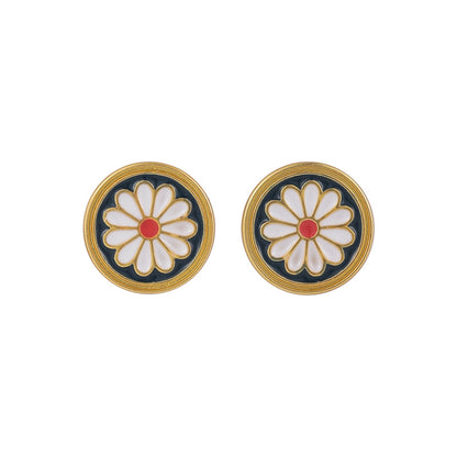 Black Enamel and 18K Gold-Plated Mum Round Stud Earrings, gold stud earrings for women, dainty minimalist design, front view