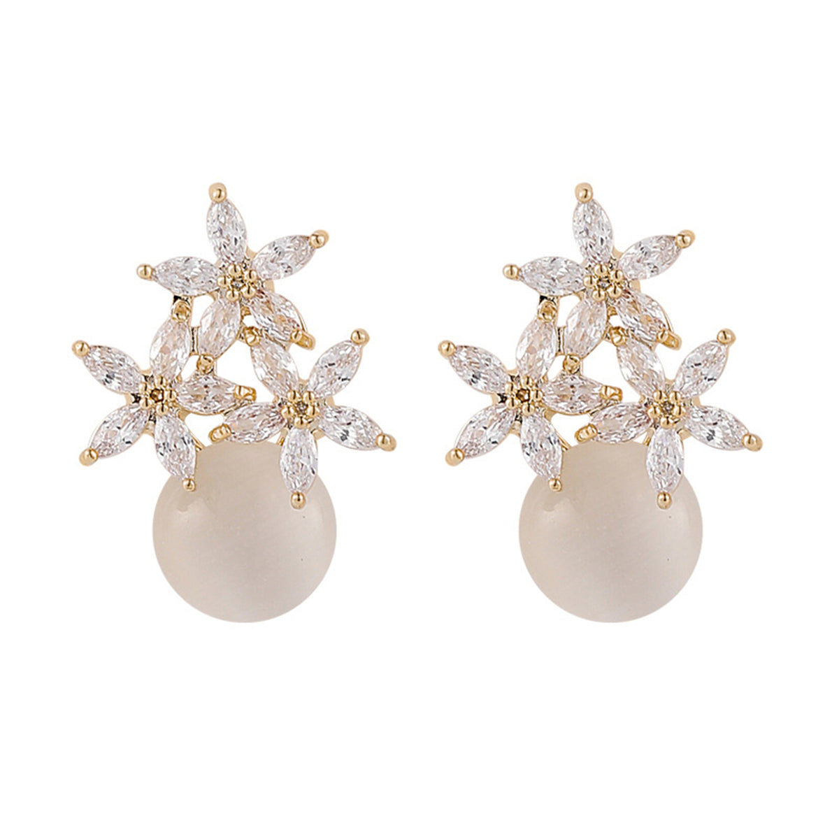 Stunning stud earrings with a gold-plated base, adorned with cateye and clear cubic zirconia flowers.