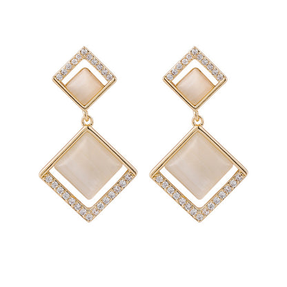 Cubic Zirconia and Cat's Eye 18K Gold-Plated Rhombus Drop Earrings, gold drop earrings for women, side view