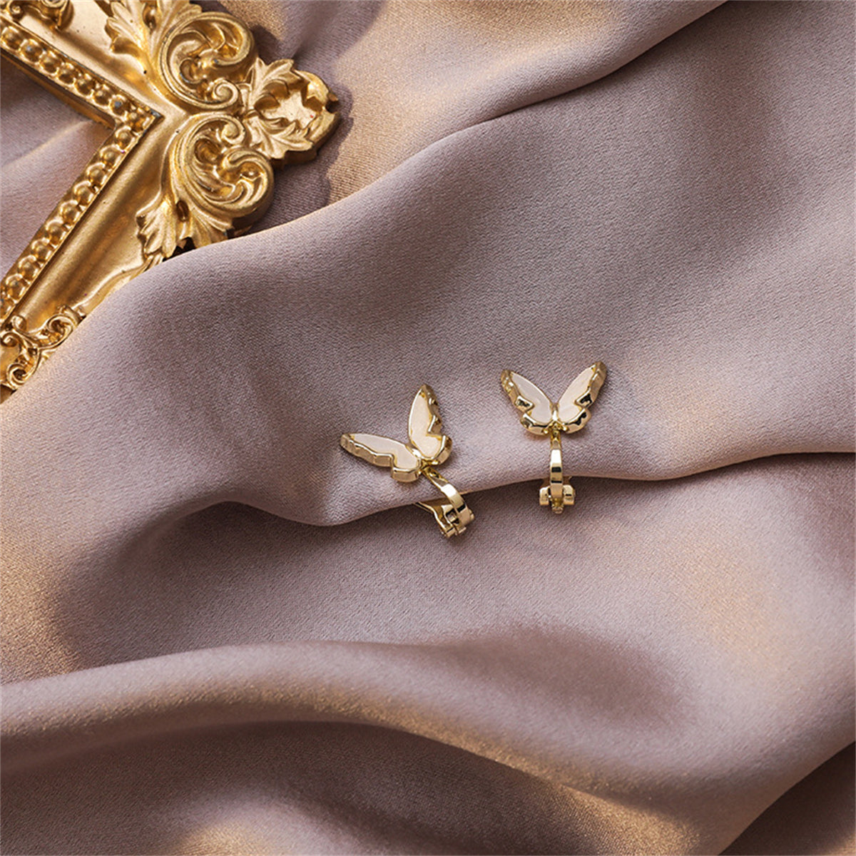 White Acrylic & 18K Gold-Plated Butterfly Ear Cuffs