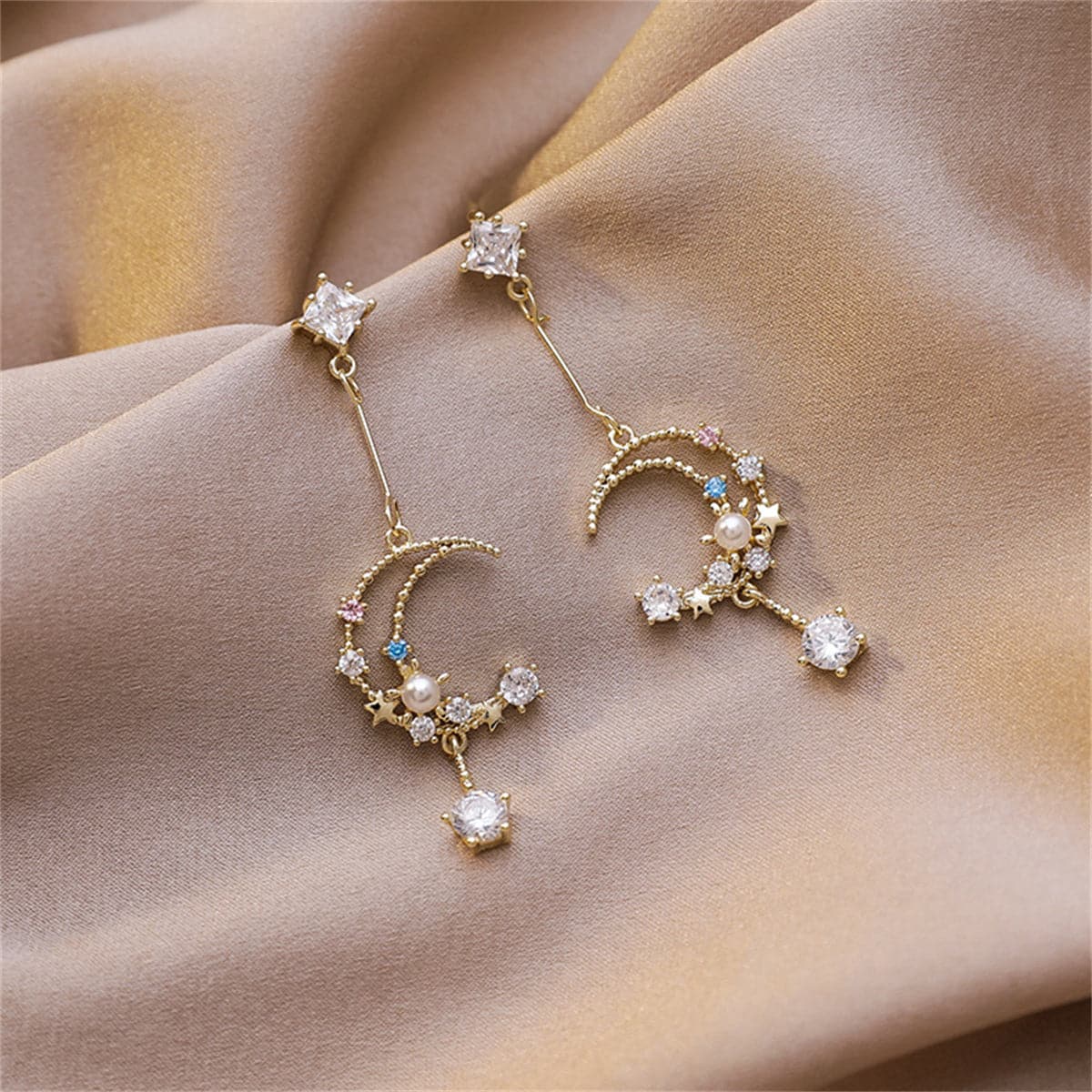 Cubic Zirconia and Pearl 18K Gold-Plated Celestial Drop Earrings, gold drop earrings for women, everyday style, side view