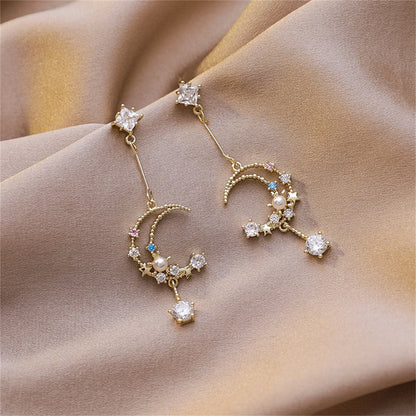 Cubic Zirconia and Pearl 18K Gold-Plated Celestial Drop Earrings, gold drop earrings for women, everyday style, side view