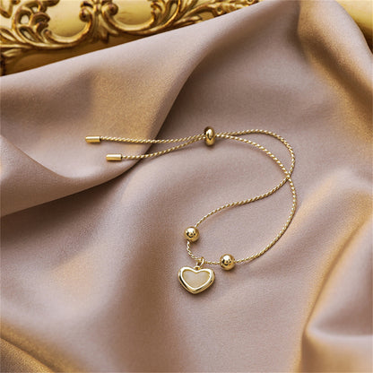 Cats Eye and 18K Gold-Plated Heart Charm Adjustable Bracelet, gold bracelet for women, botanical inspired, front view