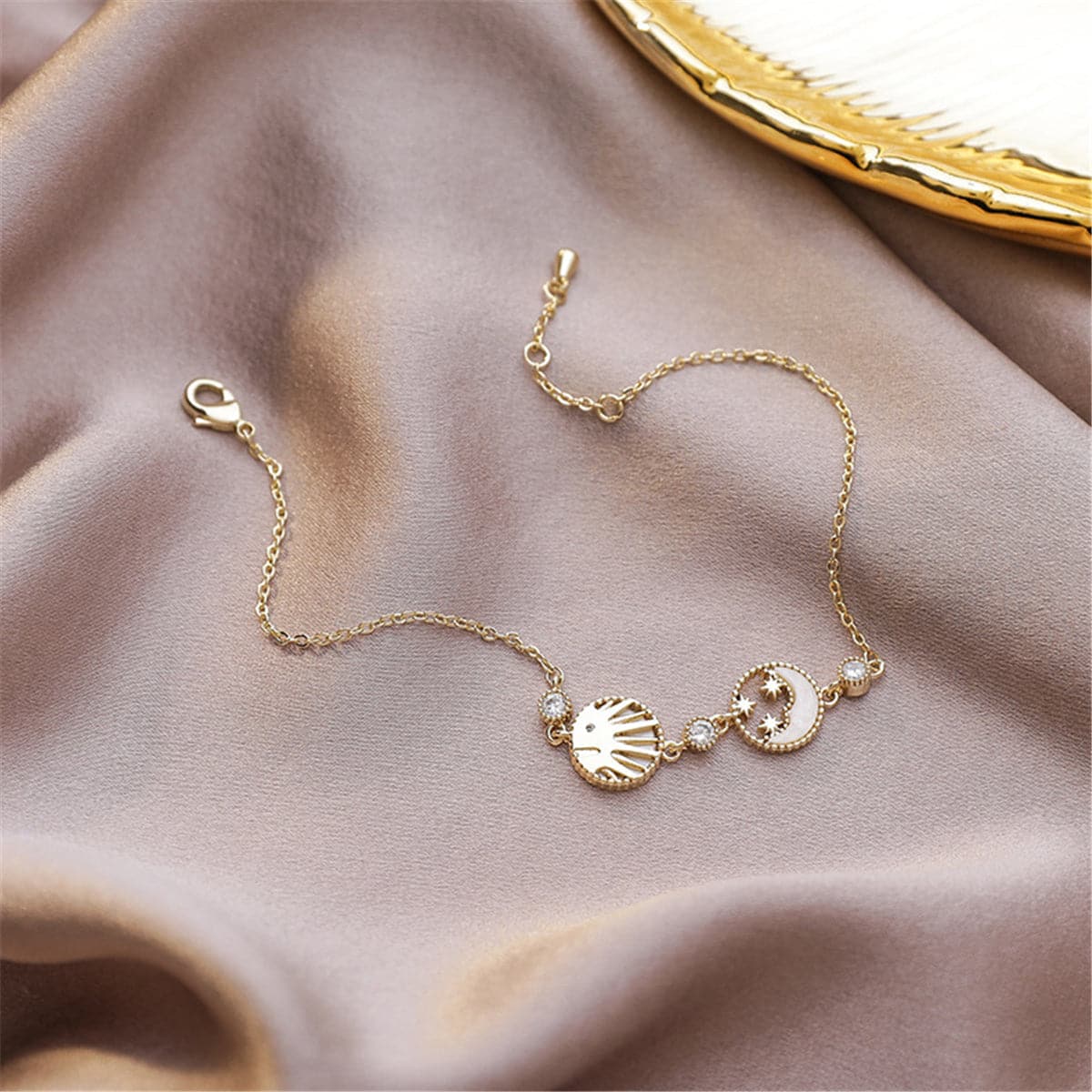 Cubic Zirconia and Shell 18K Gold Plated Round Moon Sun Charm Bracelet, gold bracelet for women, everyday style, front view
